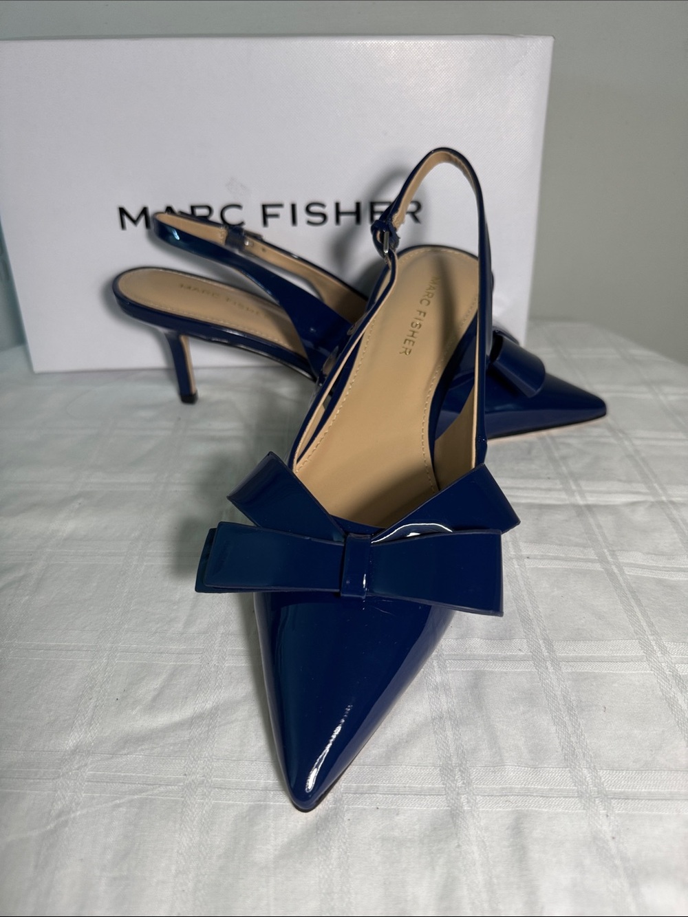 Marc Fisher Navy Patent Pointed Slingback Pumps with Bow